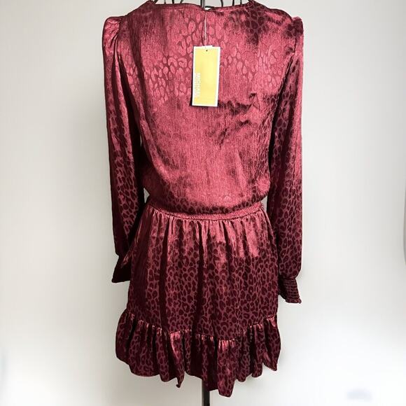 MICHAEL KORS NWT Julia Faux Wrap Ruffle Hem Mini Dress Size XS Dark Ruby Cheetah - Picture 5 of 9